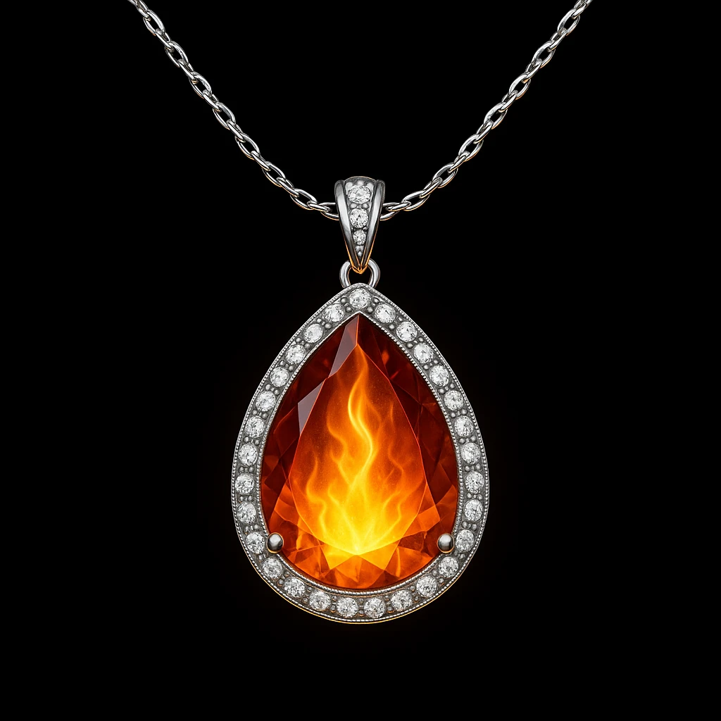 Add a yellow fiery light to the teardrop ruby pendant, representing transformation and rebirth emoji