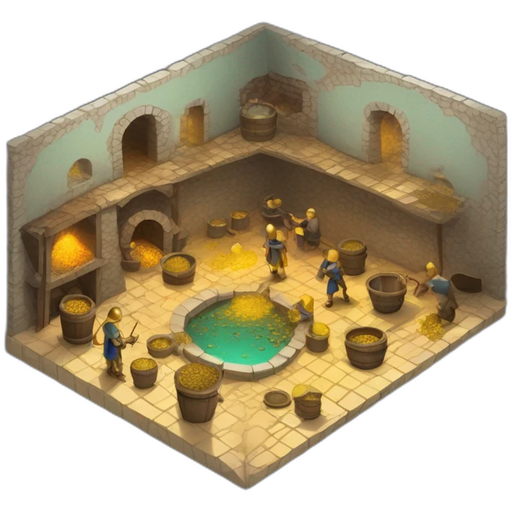 open floor plan of a medieval mint showing different people working, one person on the furnace, some people molding liquid gold into coins emoji