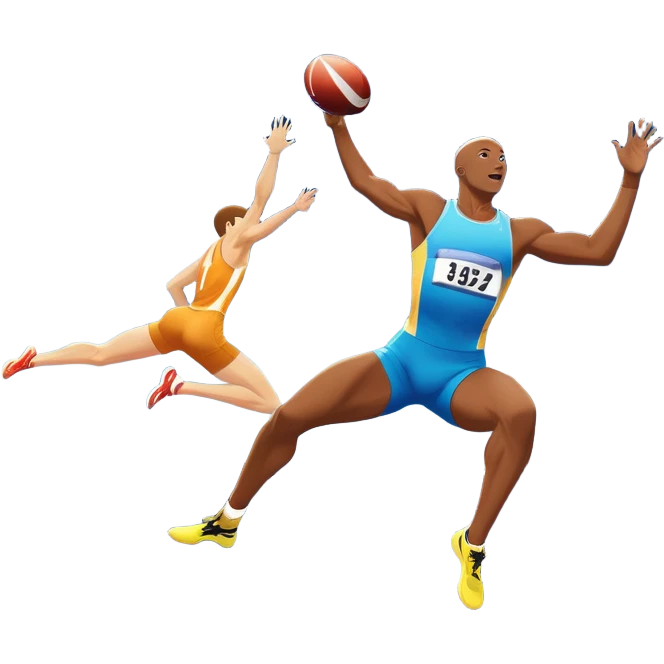 An icon showcasing various disciplines of track and field in one scene: a sprinter in full speed, a high jumper soaring over the bar, a long jumper taking off, and a discus thrower in motion. The background features a vibrant stadium with cheering crowds, bright lights, and a clear sky.  emoji