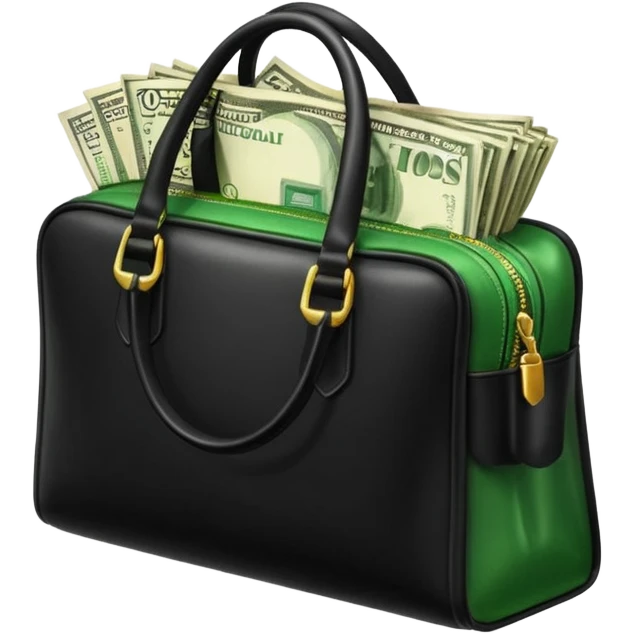 Create a black leather bag with a stack of cash a lot of money in authentic Apple emoji style. emoji