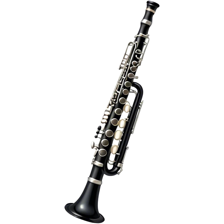 Create an elegant and refined emoji representing A clarinet. The design should showcase the sleek, black wood finish of the clarinet with its shiny metal keys and elegant detailing. Include the distinct, high-quality features, giving it a modern and sophisticated look. Add subtle elements like the mouthpiece with the reed, emphasizing its importance in sound production. Use dark tones like ebony, silver for the keys, and soft light reflections to evoke a professional, classical feel. The background should be transparent. emoji