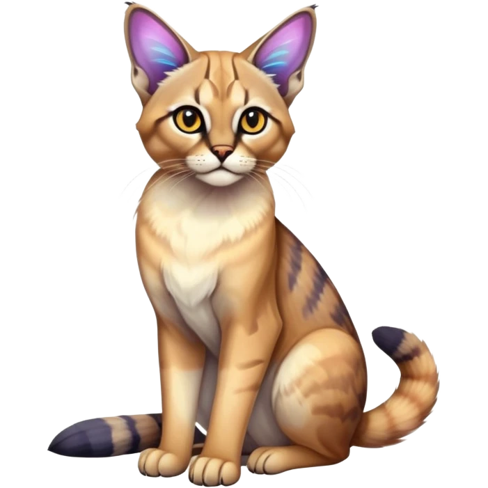 Colorful exotic iridescent tropical shiny Fantasy-Siamese-Bobcat-Caracal-Moth-Scottish-Fold-feline-Fakémon-feline-hybrid (full body) emoji
