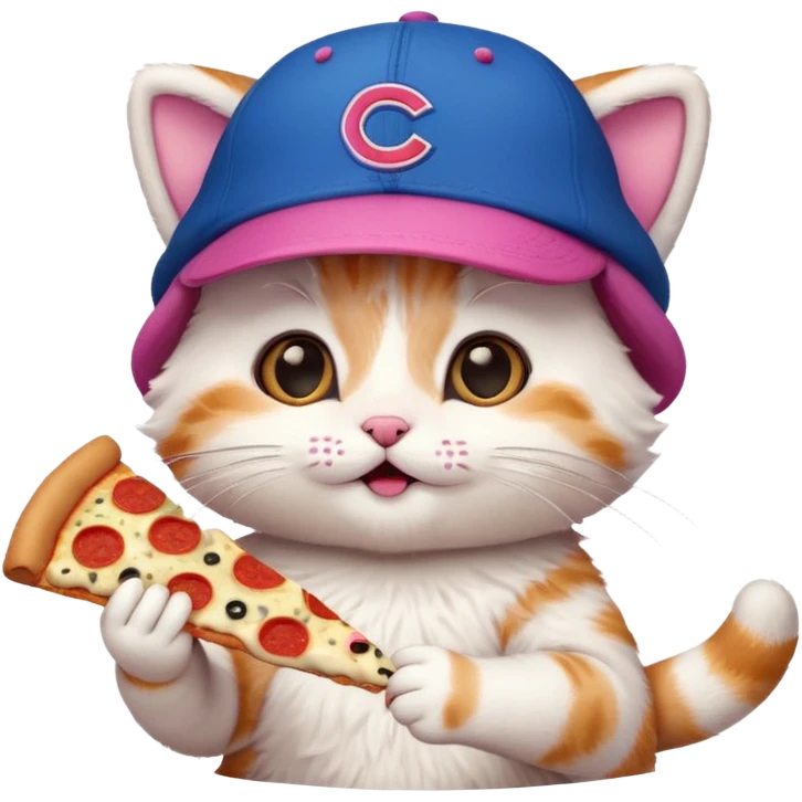 Kitty with cubs hat on with pizza emoji