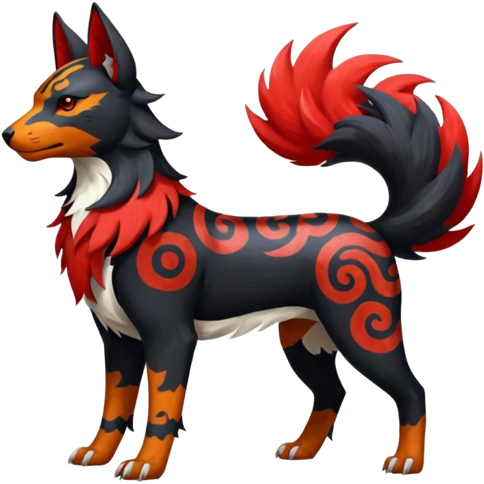 Oriental painted marked patterned Asian beautiful elegant extravagant extraordinary Litten-Houndoom-Zangoose-fusion emoji