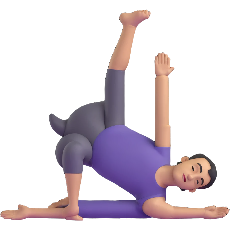 man doing pigeon yoga pose with one leg bent in front and one leg stretched behind emoji