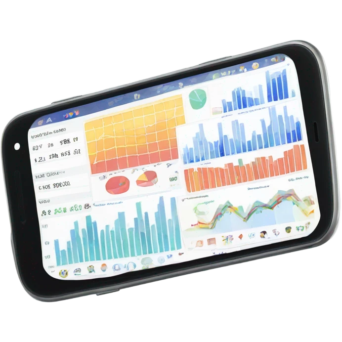 smartphone showing a website dashboard with charts emoji