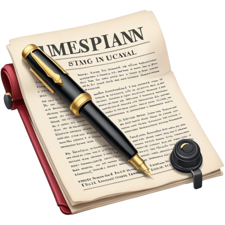 Create an emoji representing journalism and publicistic writing. The design should feature an open newspaper or a stack of articles with visible text columns, symbolizing opinion pieces and analysis. A classic fountain pen or ballpoint pen should be placed near the papers, indicating the act of writing. Optionally, include a small microphone or a press badge to emphasize investigative and journalistic aspects. Use neutral and professional colors like black, white, and muted blue or red. Do not include any emojis or smiley faces. Make the background transparent. emoji