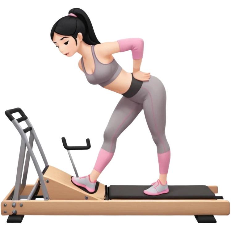 Create a Pilates emoji: a girl with fair skin and black hair, wearing a grey bra and grey leggings with pink pilates socks, on all fours on a wooden reformer. Make it look at the reformer. Make the colors neutrals. emoji