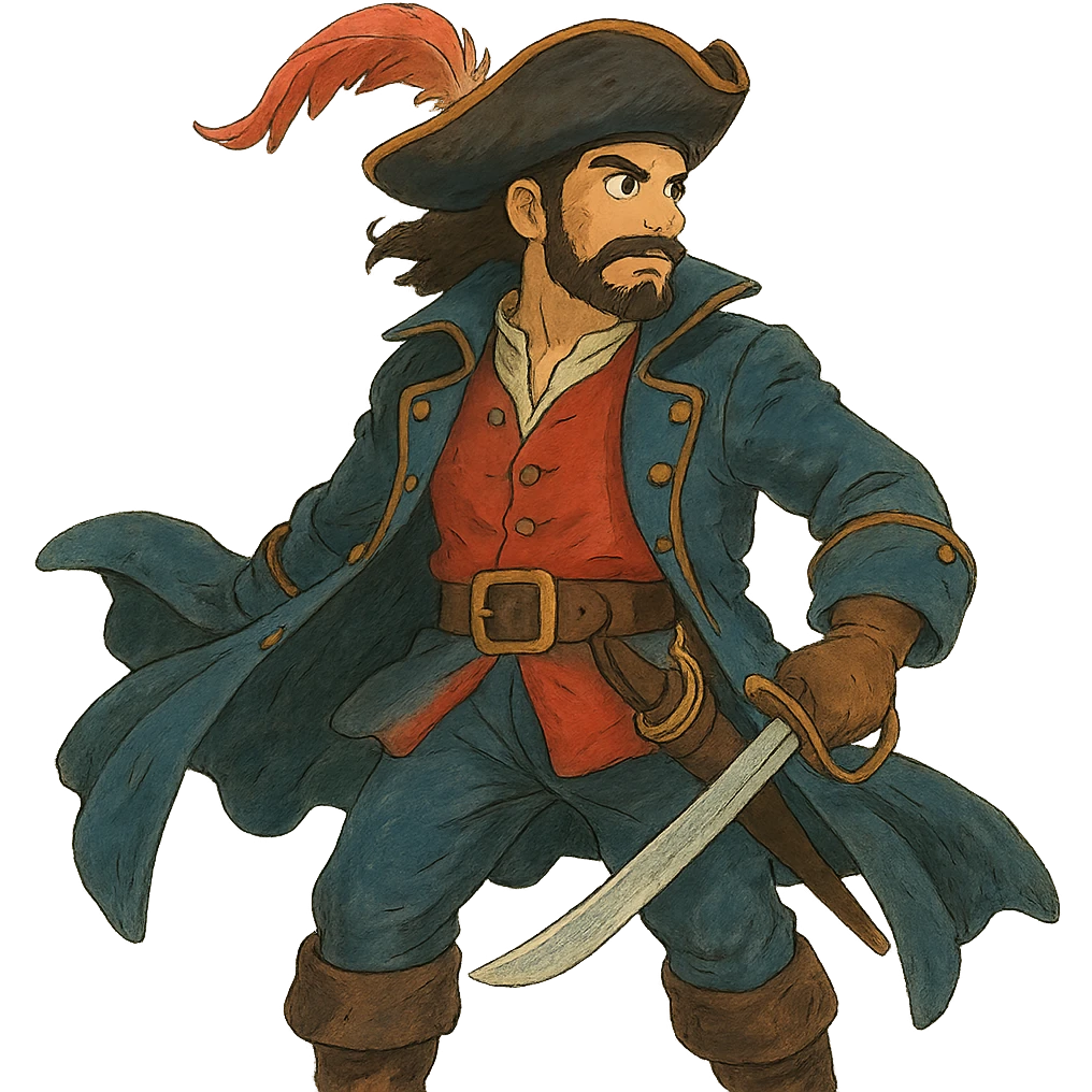 ghibli style pirate with flowing coat and feathered hat emoji