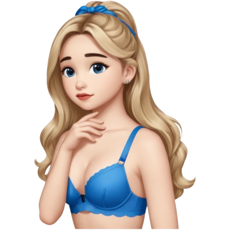 Sabrina carpenter side view with her hands folded and a kiss mark on her back, wearing a blue bra emoji
