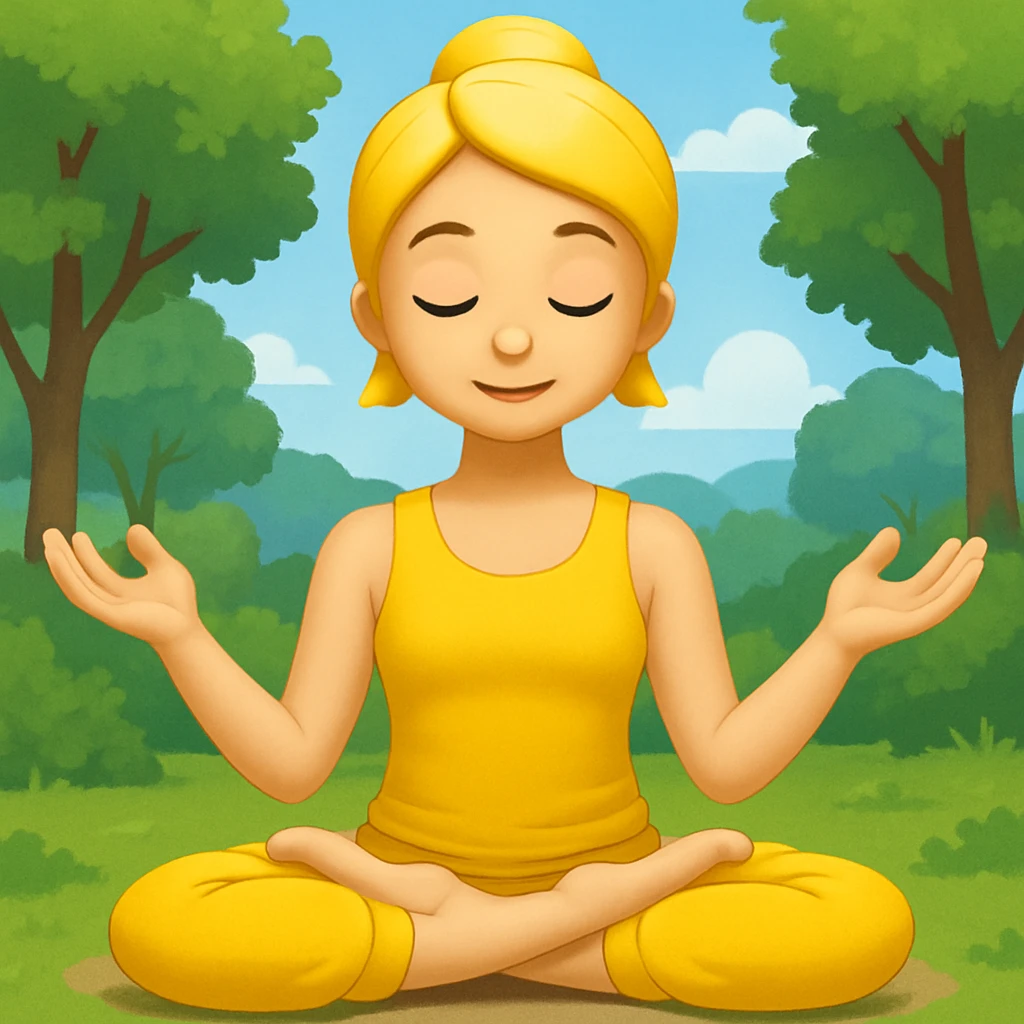 Add a peaceful nature background with trees and sky behind the meditating emoji, keep the classic emoji style emoji