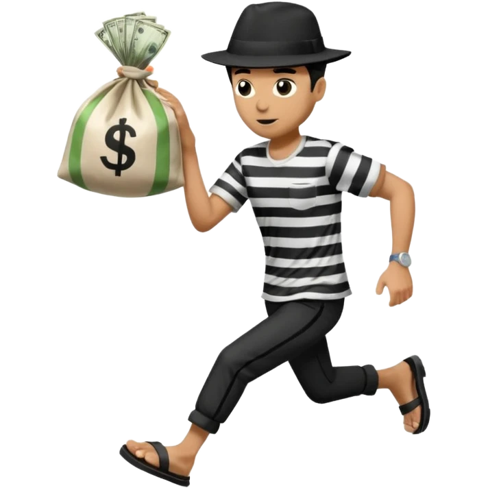 Make a man wear a black pant and he shirt is balck line and white line and wear a black hat and he holding a money bag and he running he wear a black eye thing no money in the Left hand and he yellow and the money bag in the right he wear a flip flop like this is Money bag 💰 NO MONEY emoji