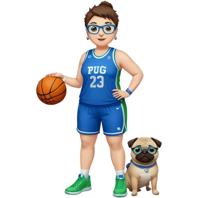 Full Body plus size white female basketball player with short medium brown hair with short spike hair wearing blue glasses 
With a pug wide nose wearing blue green uniform  green sneakers smiling wearing silver hoop earrings emoji