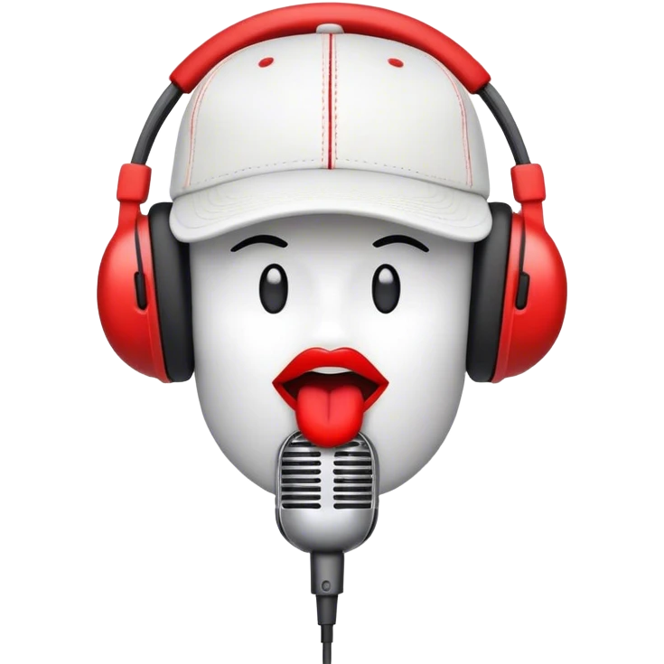 Create a dynamic and energetic emoji that represents beatboxing. The design should feature a stylized microphone with lips and baseball cap on it, sound waves emanating from it , symbolizing vocal percussion and rhythm. Add elements like headphones or a subtle speaker to emphasize the music production aspect. Use bold colors like black, white, and red to convey the intensity and creativity of beatboxing. The background should be transparent. emoji