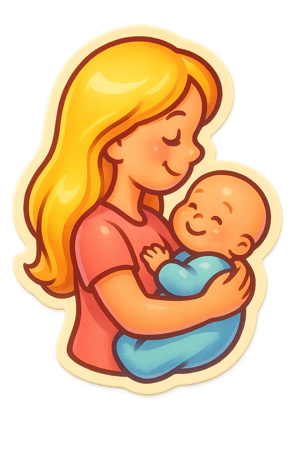 cute girl with long blonde hair holding a baby in her arms, smiling, side view, close-up, retro stickers style, thin clean outlines, soft rounded shapes, pastel palette, retro sticker aesthetic, detailed shadows and highlights, soft lighting emoji