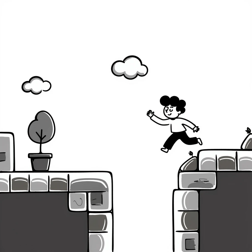 pixel art of a retro side-scrolling video game scene with blocks, platforms, clouds, and a character jumping, 8-bit Game Boy style emoji