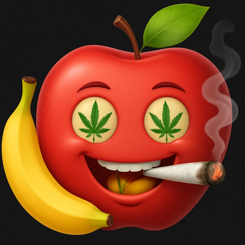 Add a cartoon joint with smoke to the smiley face made of apples as eyes and a banana as the mouth. Make it look like the face is smoking weed, keep the emoji style. emoji