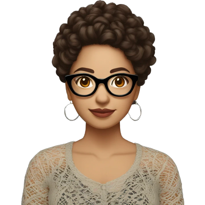 Hispanic woman with black glasses, long brown curly hair over the shoulder, holding yarn wearing a black lace shirt emoji