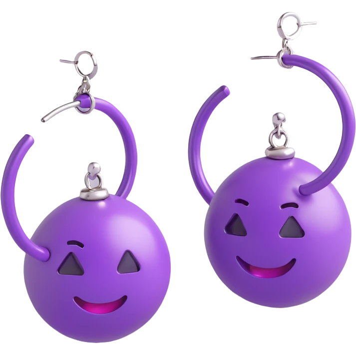 3D emoji-style purple hoop earrings with silver accents, glossy and luxurious emoji