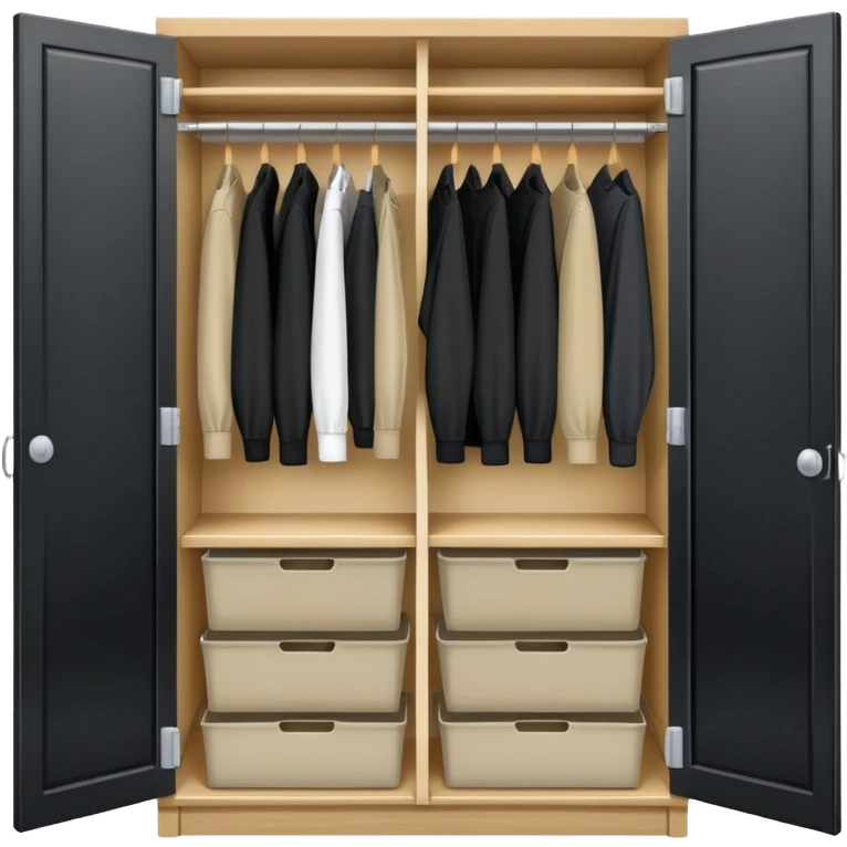 Wardrobe with both doors open showing organized collection of black shirts, khaki pants and overalls for work emoji