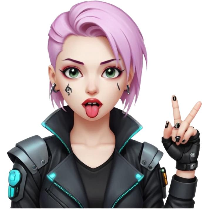 Woman with her tongue out in cyberpunk clothing and giving the middle finger. Looking naughty. emoji