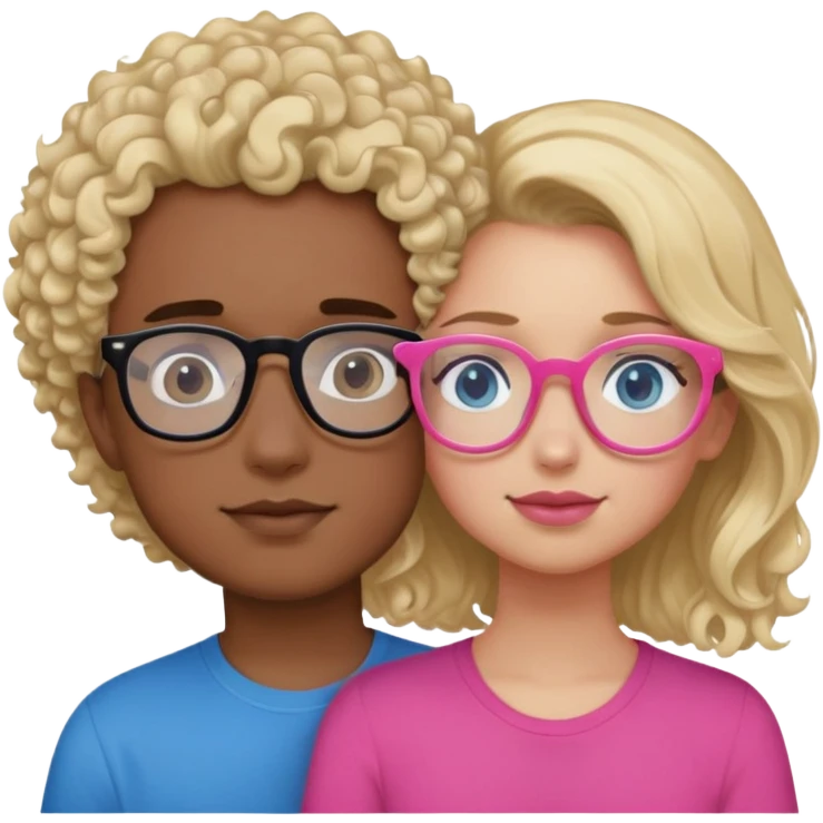 intimate moment between lovers, boy with blonde hair black glasses and blue eyes and a black shirt, Girl with a mixed skin tone, dark brown curly hair, pink glasses, and a pink shirt emoji
