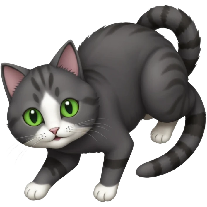 solid dark grey cat with green eyes, white toes/paws playfully rolling upside down emoji