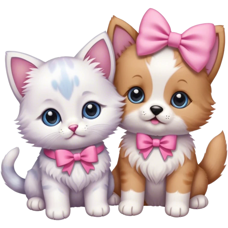 a kitten and a puppy together with a pink bow emoji