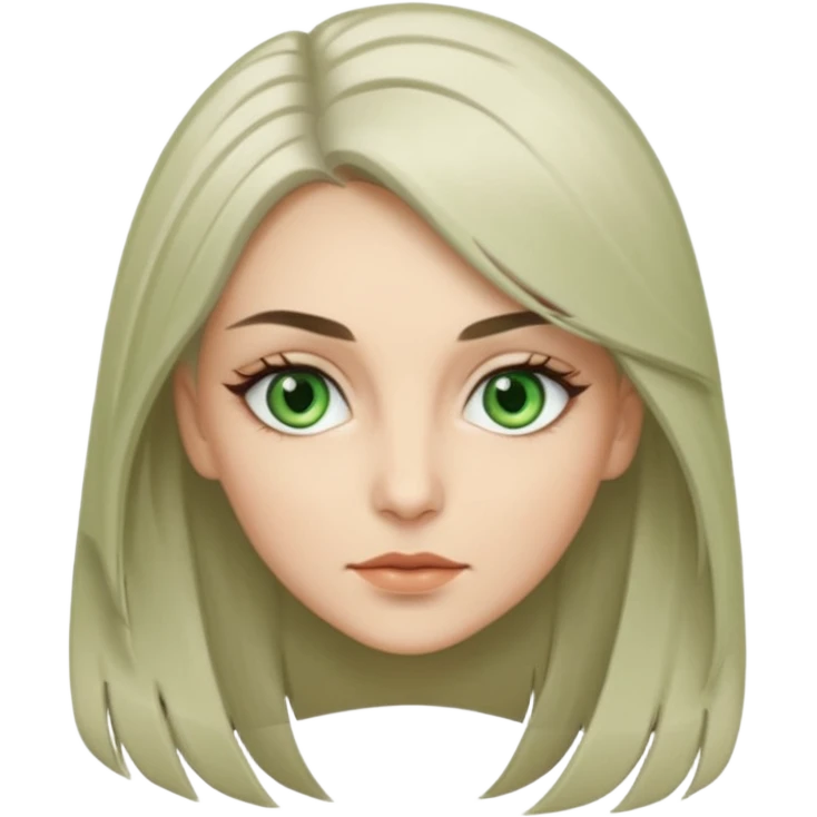 женщина с зелёными глазами, красивыми бровями, серо-бежевыми длинными волосами, с асимметричным пробором чёлкой, подстриженной каскадом, анфас  emoji