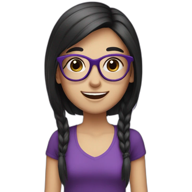 Withe Girl with Black long hair and purple glasses, smile, black eyes, emoji