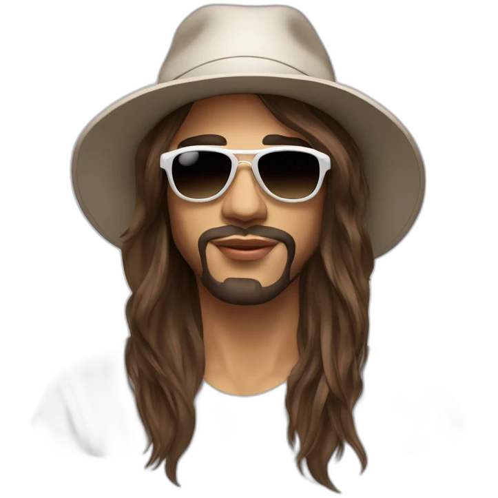 The french singer Lorenzo with this style : long brown hair white and short bucket hat and sunglasses emoji