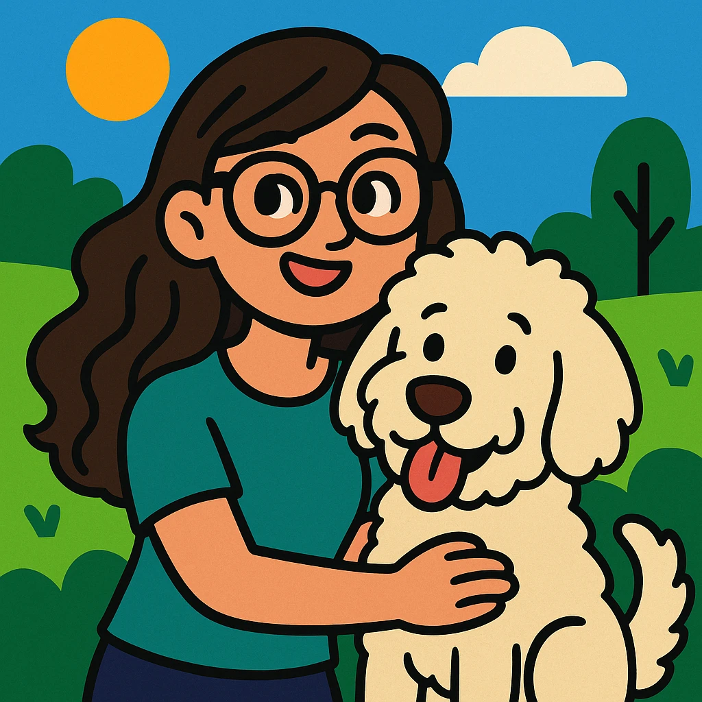 cute cartoon style brunette female with glasses and her cream colored goldendoodle emoji