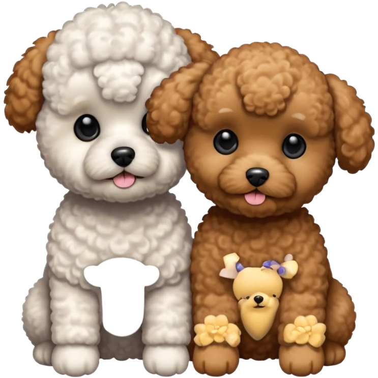 Two small, fluffy dogs with a toy poodle / bichon-like appearance, both with round faces, black button eyes, and short snouts. Their fur is bright white, tightly curled, and freshly groomed, styled in a plush, teddy-bear cut. emoji