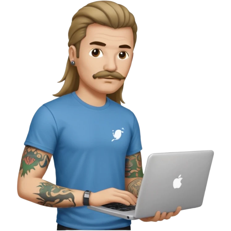 A DEVELOPER WITH A laptop, USING t-shirt, long hair,mullets style, mustache, tattoo, piercing emoji