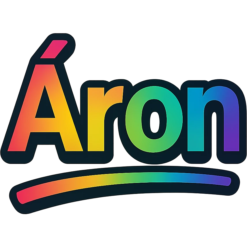 Áron name in modern colorful gradient font with dark outline, partially or fully underlined below the name, transparent background, in the style of sample images emoji