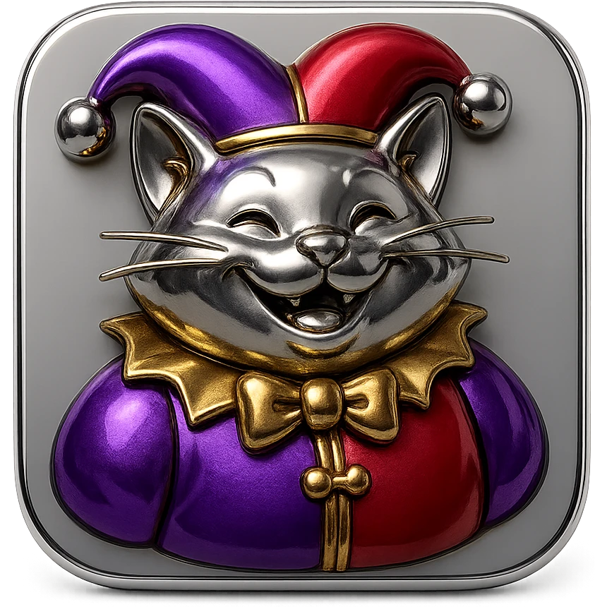 crazy colorful cute little cat jolly joker from poker, medieval, vintage, court jester, mac os icon, purple, gold and red color, half body. Squared shape as 3D mac os icon emoji