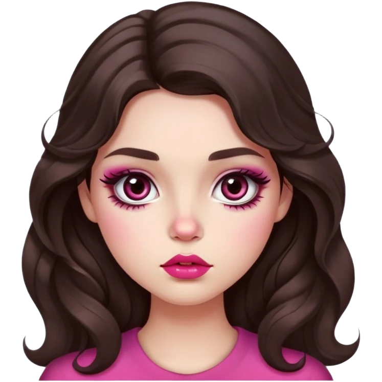 girl with light wheatish skin, dark brown long wavy hair, pouty shiny lips with berry lip gloss, large eyes with eyelashes, pink blush on cheeks, inner eye highlighted with white eyeliner, button nose emoji