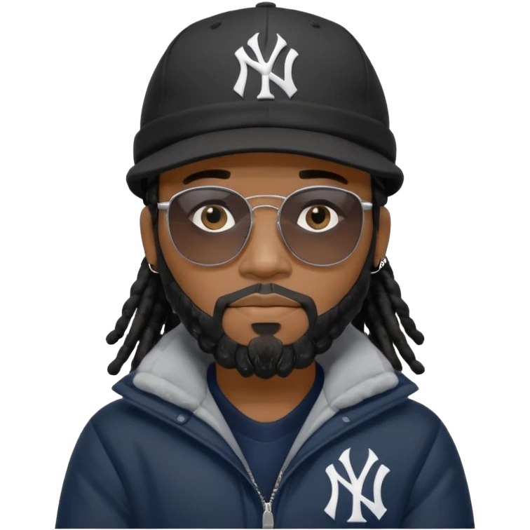 African American man with shoulder length black dreadlocks and black beard wearing black sunglasses with a New York Yankees baseball cap wearing a black bubble winter coat with arms folded emoji