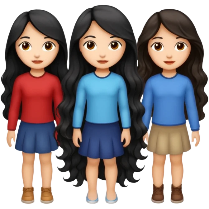 create a trio emoji girl with the first girl with a long black wavy hair with a light skin and the second girl with an mid length wavy hair with a little bit of brown color with light morena skin and the last with long black straight hair with light morena skin emoji