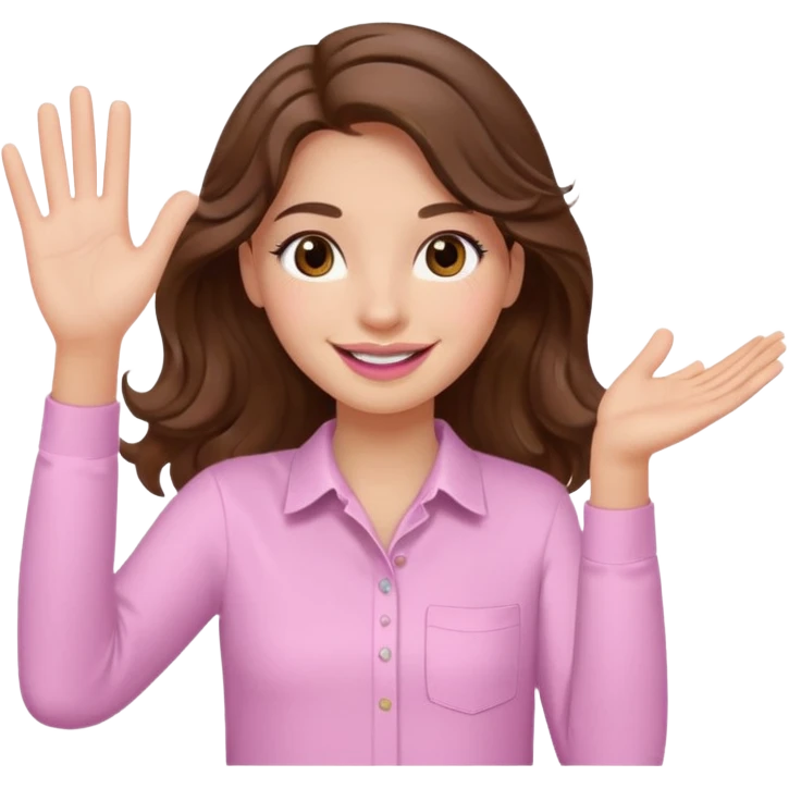 girl with wavy long brown hair, brown eyes, light to medium complexion, long lashes, light pink lipstick, smiling, wearing light pink shirt, waving hello emoji