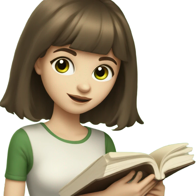 Girl with shoulder length brown hair, wispy bangs, green eyes, pale skin, reading a book emoji