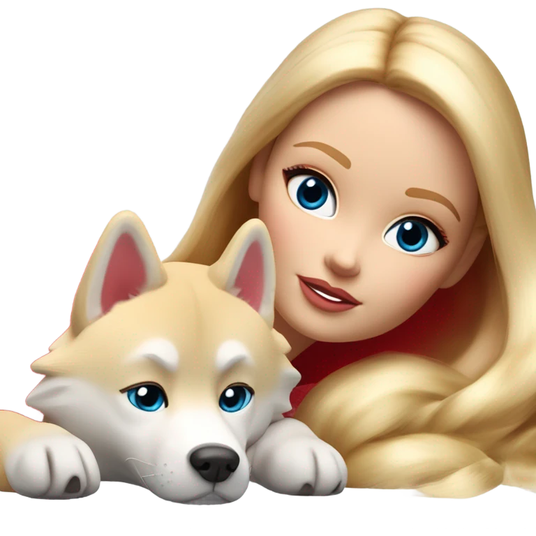 Pretty blonde Barbie napping with red Siberian Husky  emoji