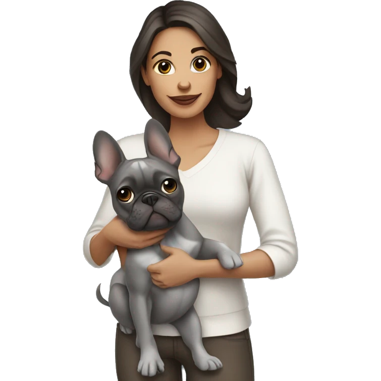 Brunette Woman holding grey French bulldog emoji