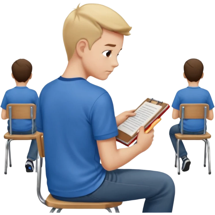 Boy sitting at school reading with his back to the camera
 emoji