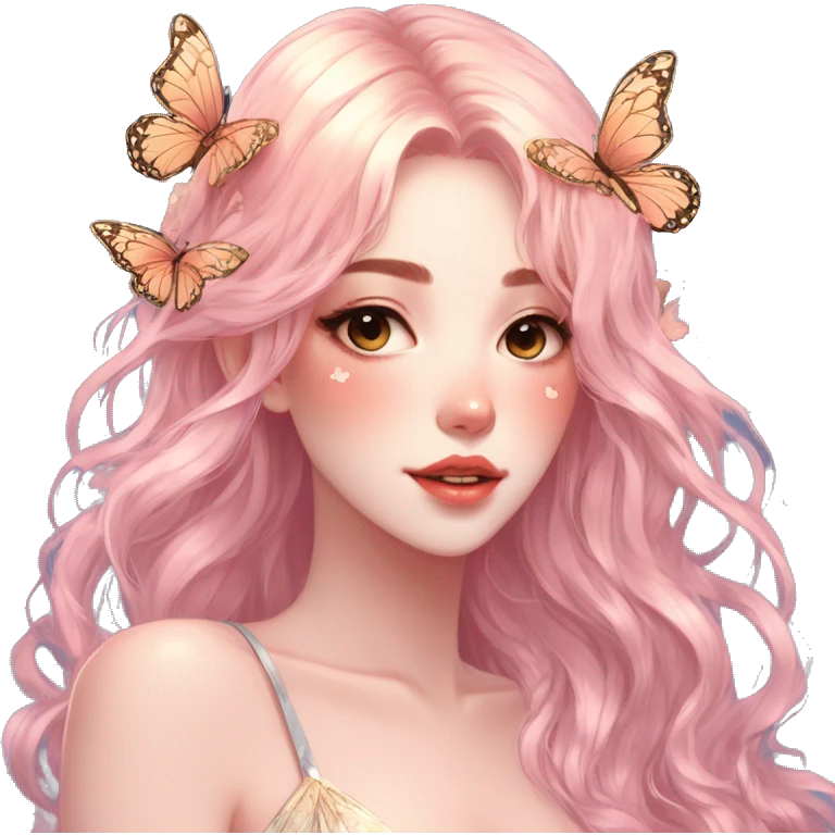 gorgeous shiny blushing anime lady with butterflies and beautiful hair fairycore high quality detailed vogue trending aesthetic emoji