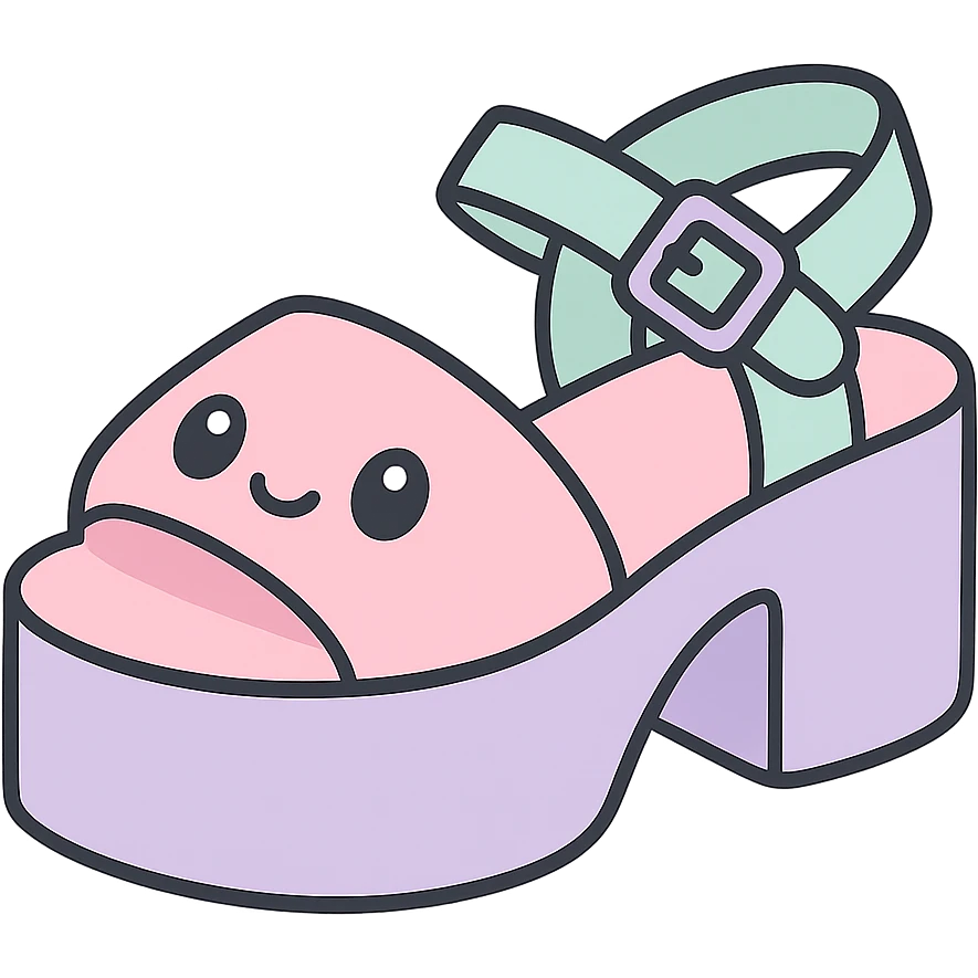 Transform these primarily black kawaii gothic shoes with pink and pastel accents, silver studs and chains, into platform sandals, no socks, no hearts, transparent background emoji