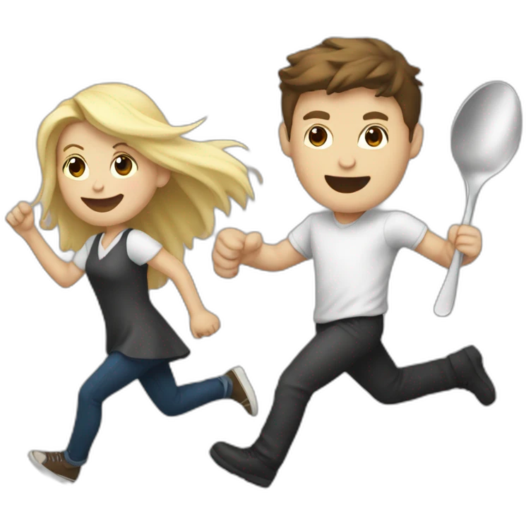 Blonde girl chasing brunette guy with a spoon emoji