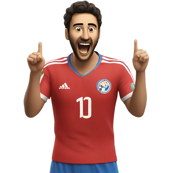 Arda Güler celebrating a goal: his right hand firmly placed on his chest while his left hand is raised and pointing towards the sky, capturing a moment of youthful exuberance, gratitude, and joy emoji