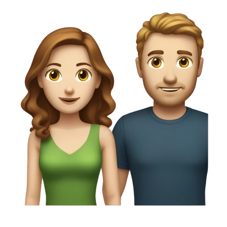 Caucasian couple. Man has short, brownish-red hair and blue eyes. Woman with dark brown hair and green eyes  emoji