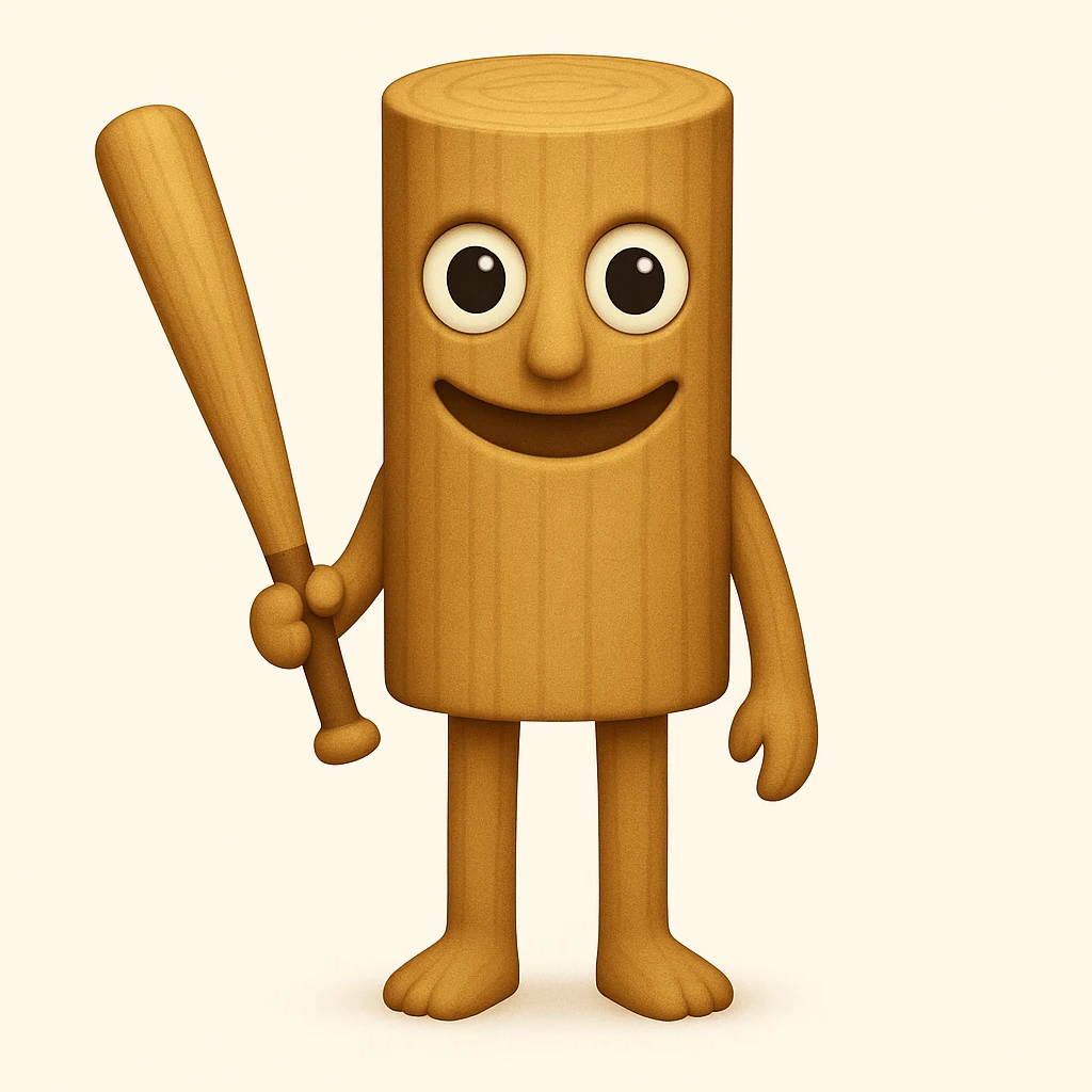 Make the character less human and more like a wooden stump, with a face that closely matches the reference image: large round eyes, wide unsettling smile, and minimal human features. Keep arms and legs, holding a baseball bat. Render in emoji style. emoji